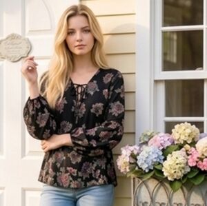 Abercrombie & Fitch Sheer Black Floral Boho Tie-Neck Peasant Blouse XS